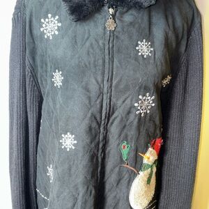 Vintage 3X Black Full Zip Snowflake Cardigan Sweater Snowmen Christmas